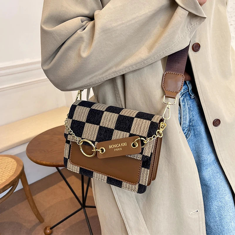 Plaid One Shoulder Crossbody Bag Retro Style Handbag