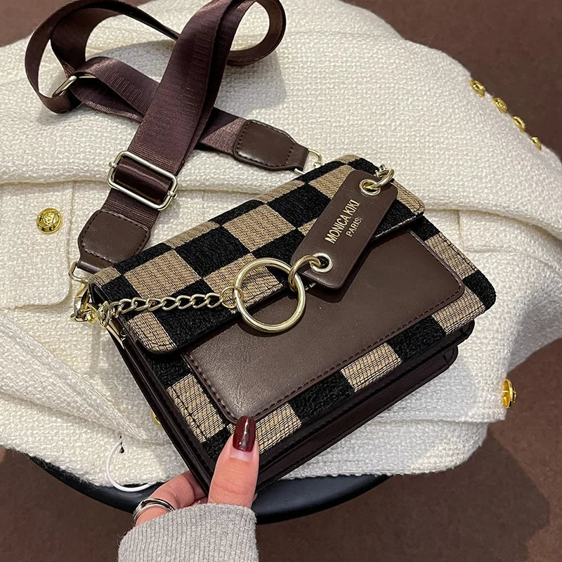 Plaid One Shoulder Crossbody Bag Retro Style Handbag