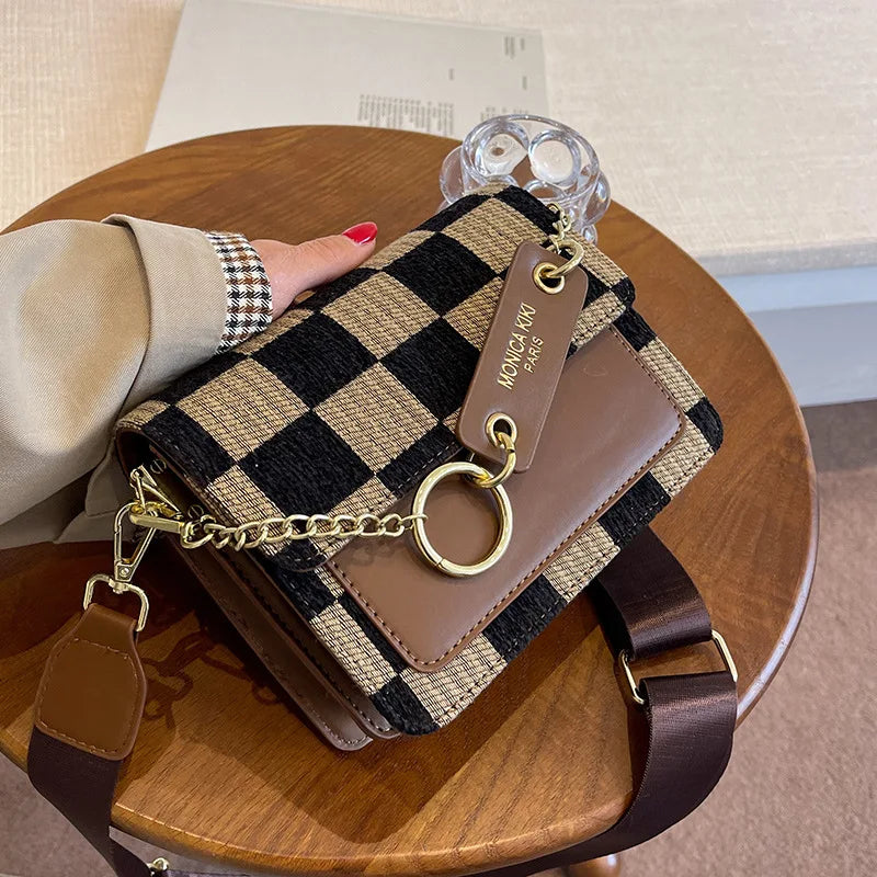 Plaid One Shoulder Crossbody Bag Retro Style Handbag