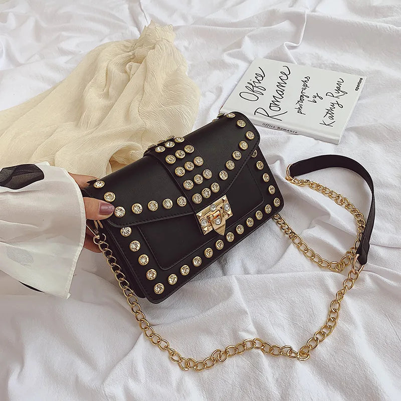Rivets Diamond Leather Flap Small Square Shoulder Bag