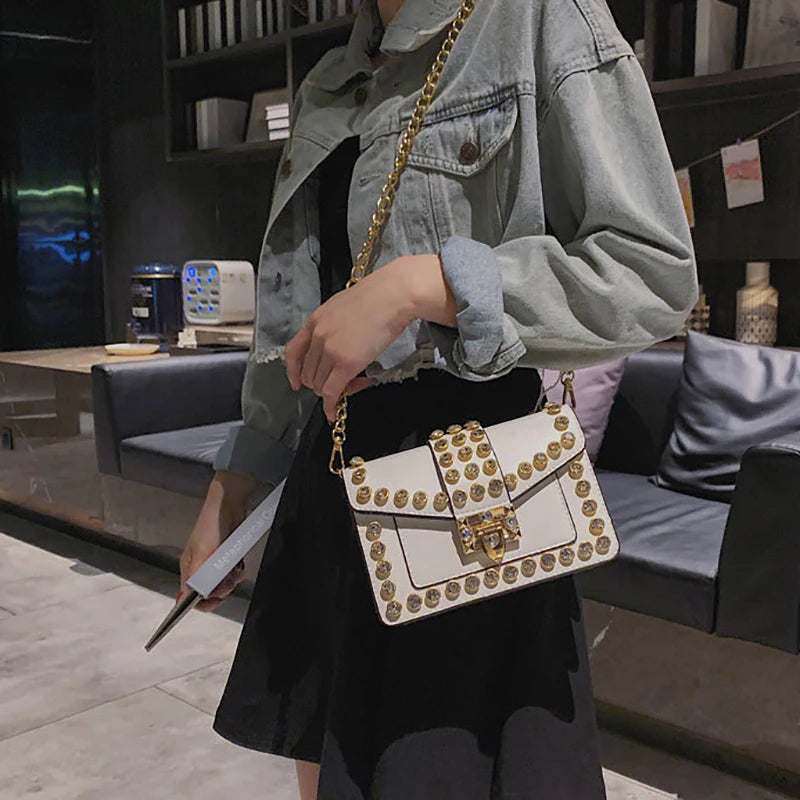 Rivets Diamond Leather Flap Small Square Shoulder Bag