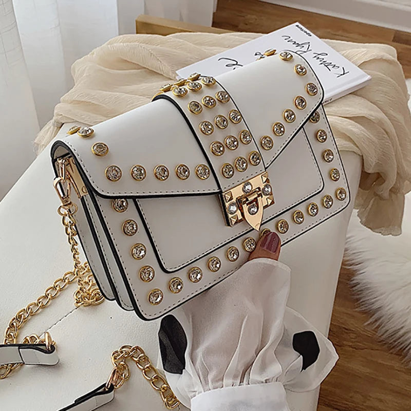 Rivets Diamond Leather Flap Small Square Shoulder Bag