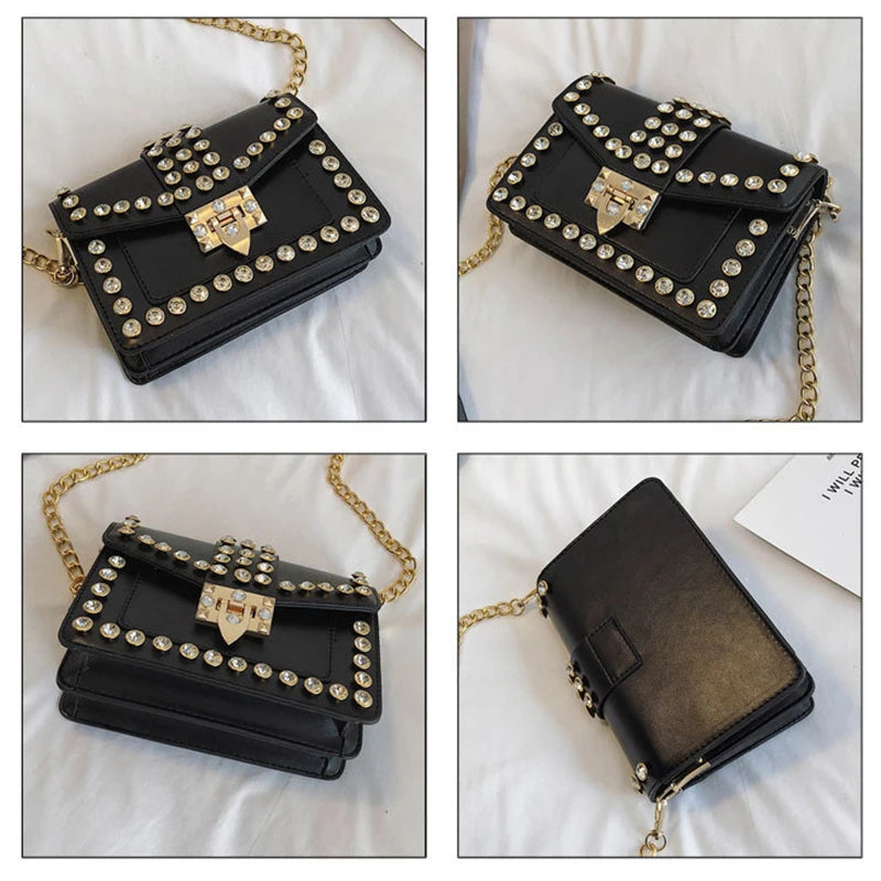 Rivets Diamond Leather Flap Small Square Shoulder Bag