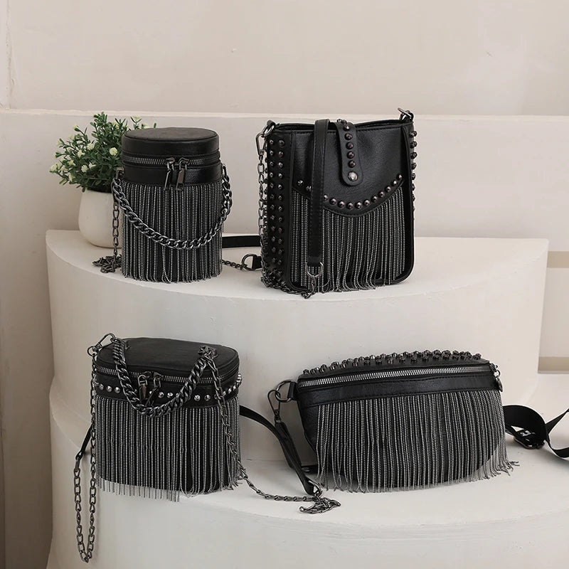 Rivet Shoulder Bag Fringed Crossbody Purse