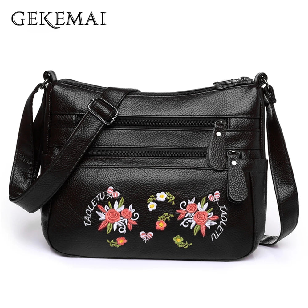Embroidered Flower Pattern Ladies Shoulder Bags Leather Crossbody Bag