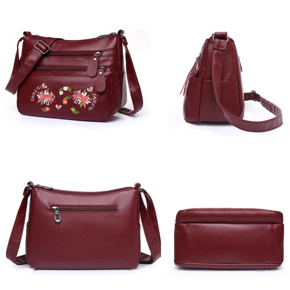 Embroidered Flower Pattern Ladies Shoulder Bags Leather Crossbody Bag