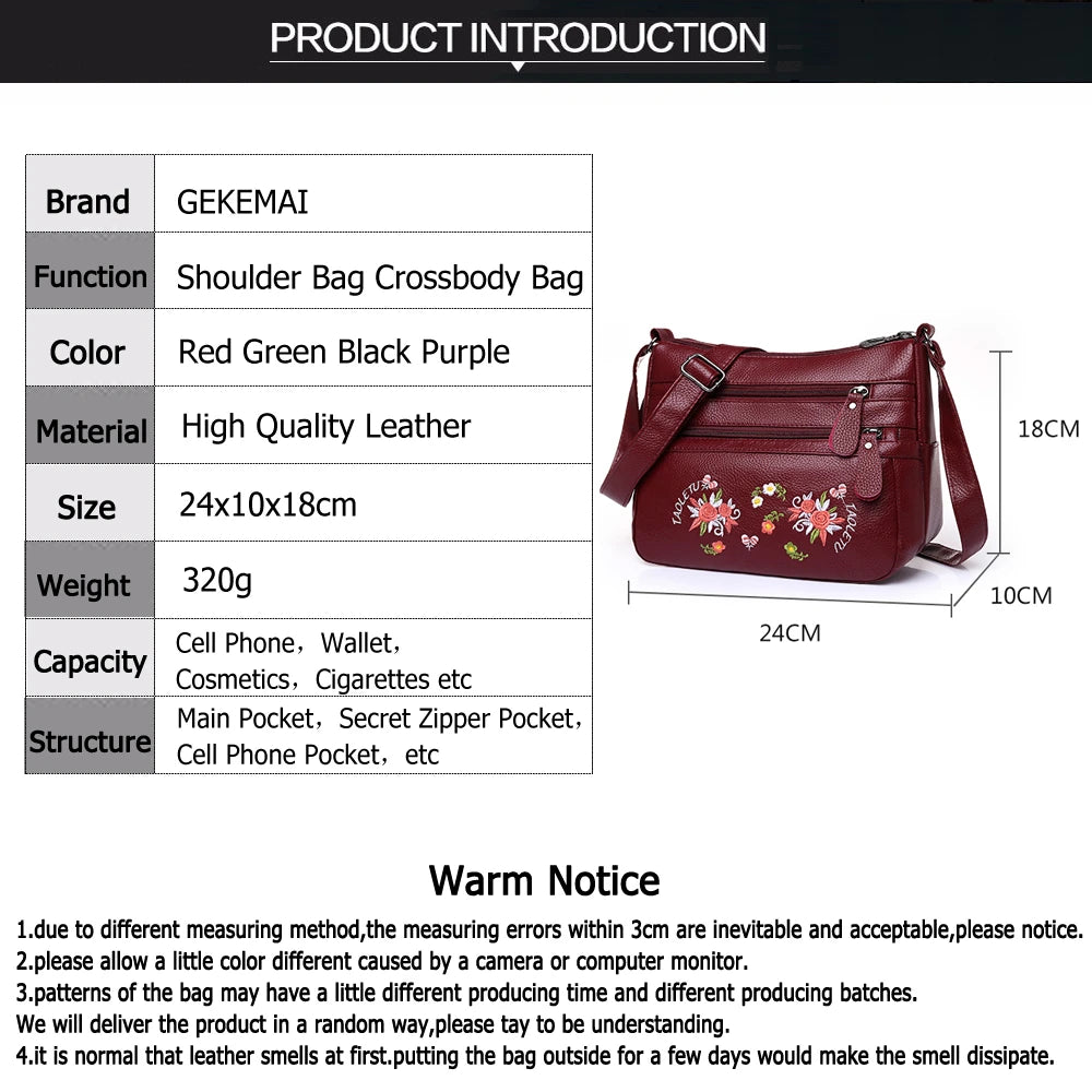 Embroidered Flower Pattern Ladies Shoulder Bags Leather Crossbody Bag