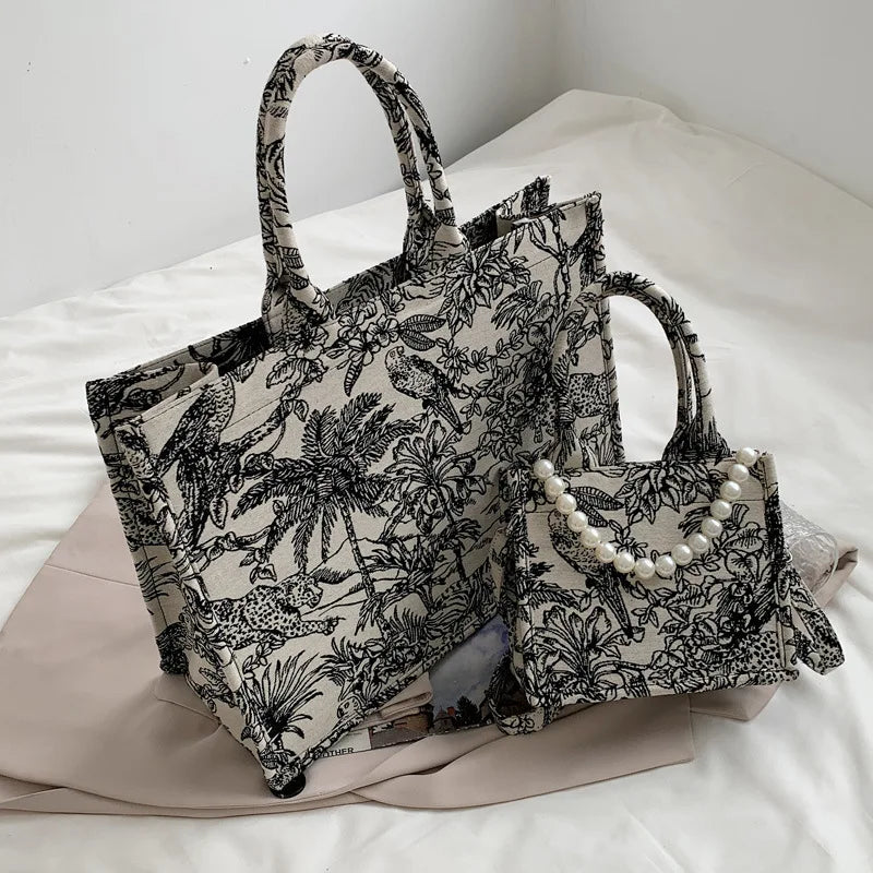 Women's Jacquard Embroidery Top Handle Beach Tote Bag