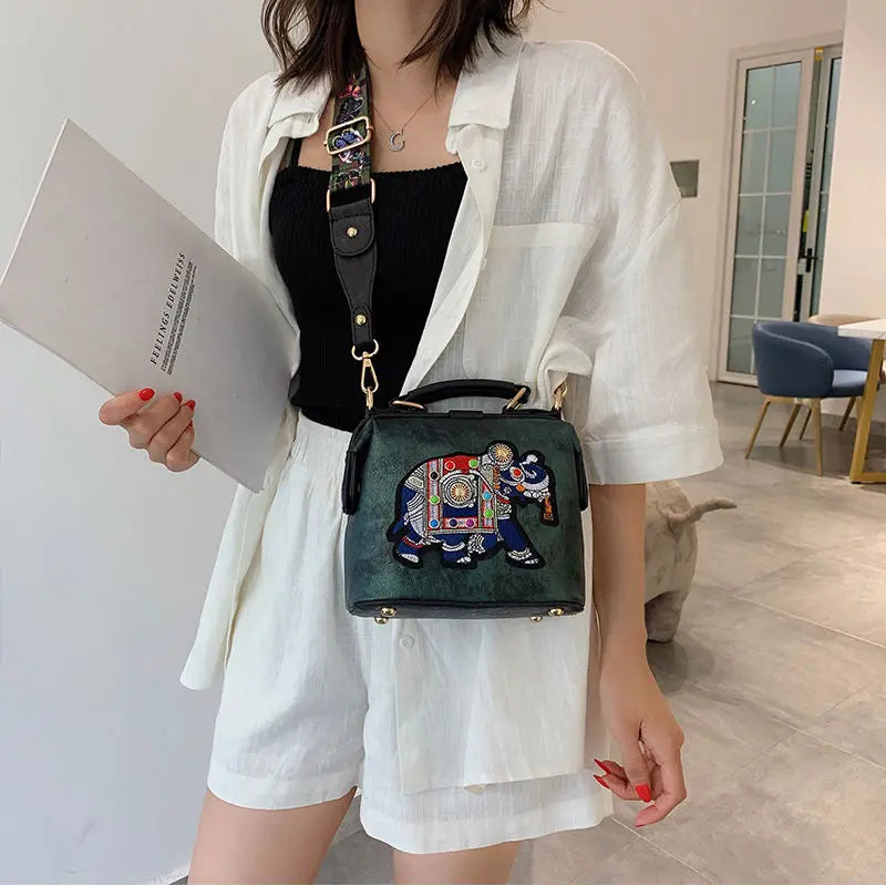 Elephant Embroidered Crossbody Bag PU Leather Handbag