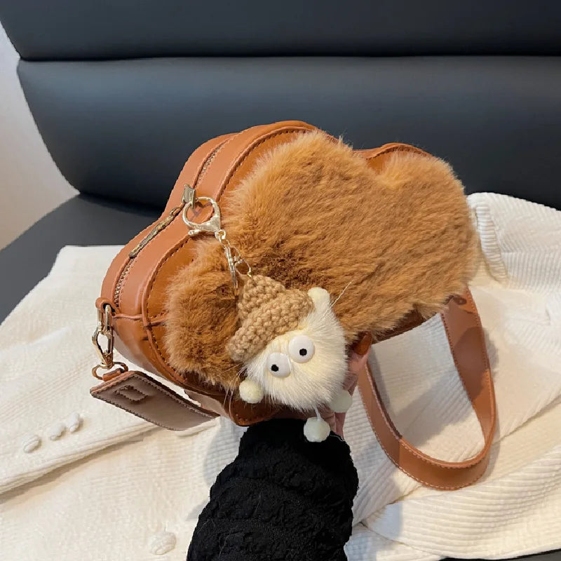 Winter Plush Shoulder Bag with Pendant for Women