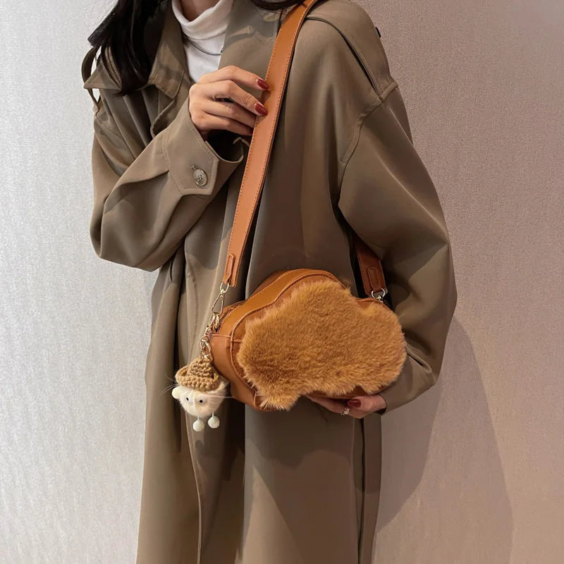Winter Plush Shoulder Bag with Pendant for Women