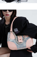 Women's Chain Crossbody Bag Half Moon Tote Winter PU Denim Handbag