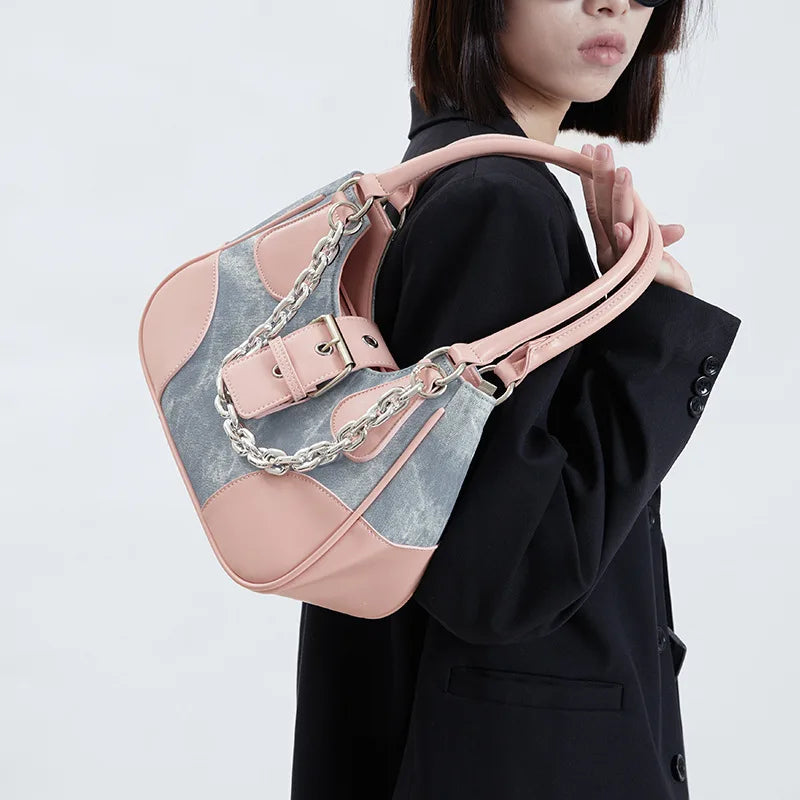 Women's Chain Crossbody Bag Half Moon Tote Winter PU Denim Handbag