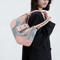 Women's Chain Crossbody Bag Half Moon Tote Winter PU Denim Handbag
