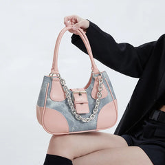 Women's Chain Crossbody Bag Half Moon Tote Winter PU Denim Handbag