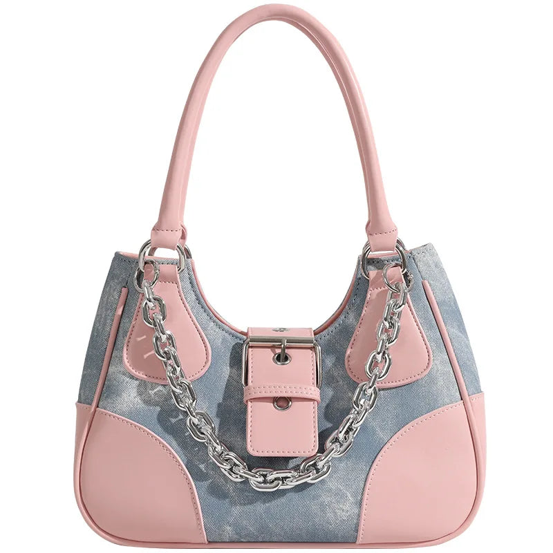 Women's Chain Crossbody Bag Half Moon Tote Winter PU Denim Handbag