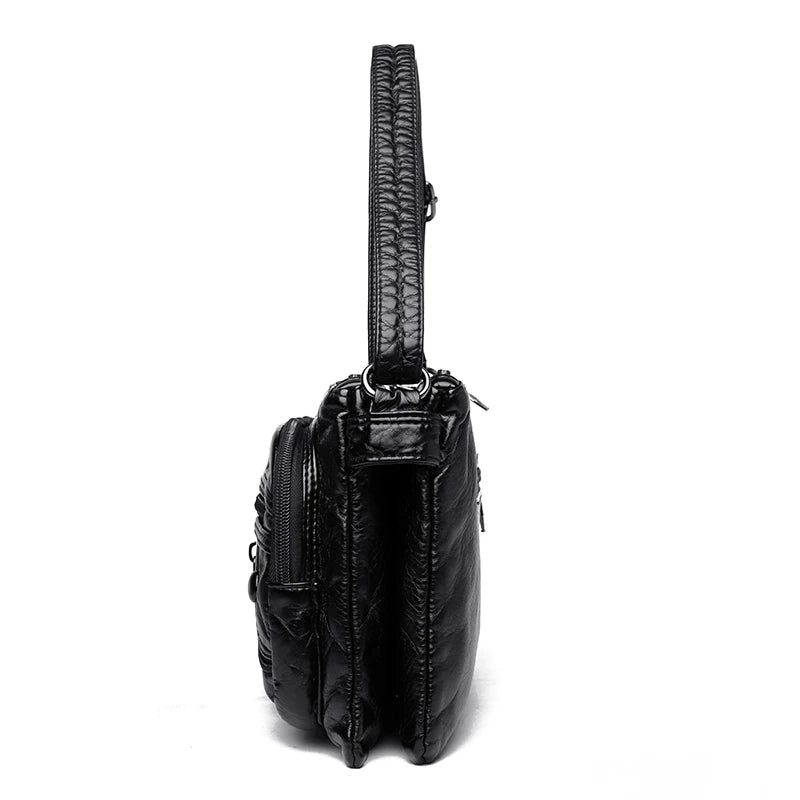 Pleated Leather Shoulder Bag Large Capacity Multilayer Crossbody