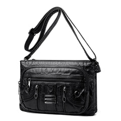 Pleated Leather Shoulder Bag Large Capacity Multilayer Crossbody