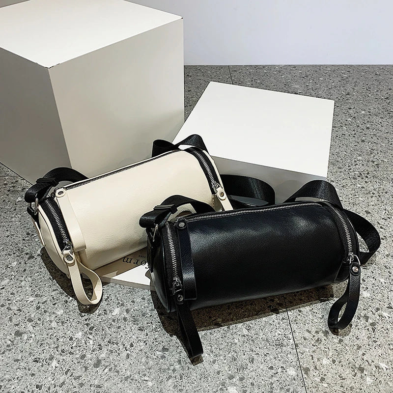 Women's Leather Shoulder Bag Soft Crossbody Bags Cylindrical Sac