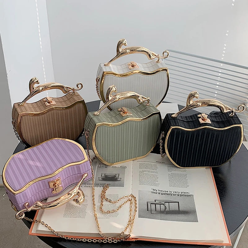 Stripe Printed Women's Handbag Chain Shoulder Crossbody Box Shape Messenger Bag