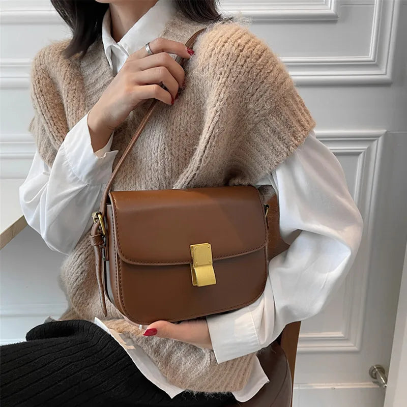 Vintage Small Crossbody Handbag Push Lock Compartment Shoulder Bag