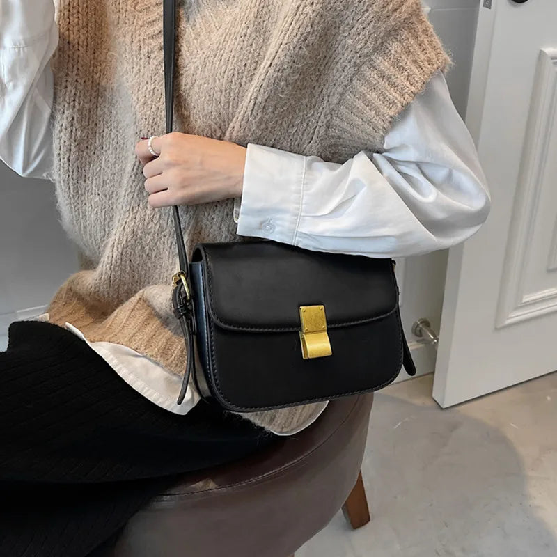 Vintage Small Crossbody Handbag Push Lock Compartment Shoulder Bag