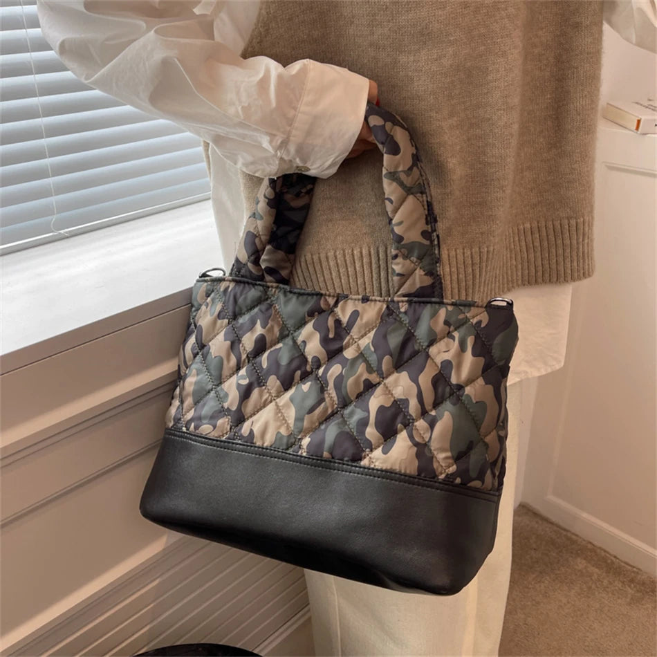 Women's Quilted Down Fabric Bucket Bag Shoulder Crossbody Handbag