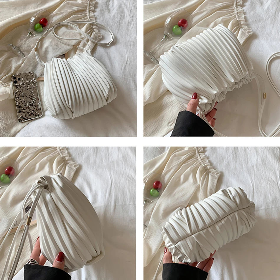 Women's Ruched Bucket Bag Soft Leather Shoulder Crossbody Handbag