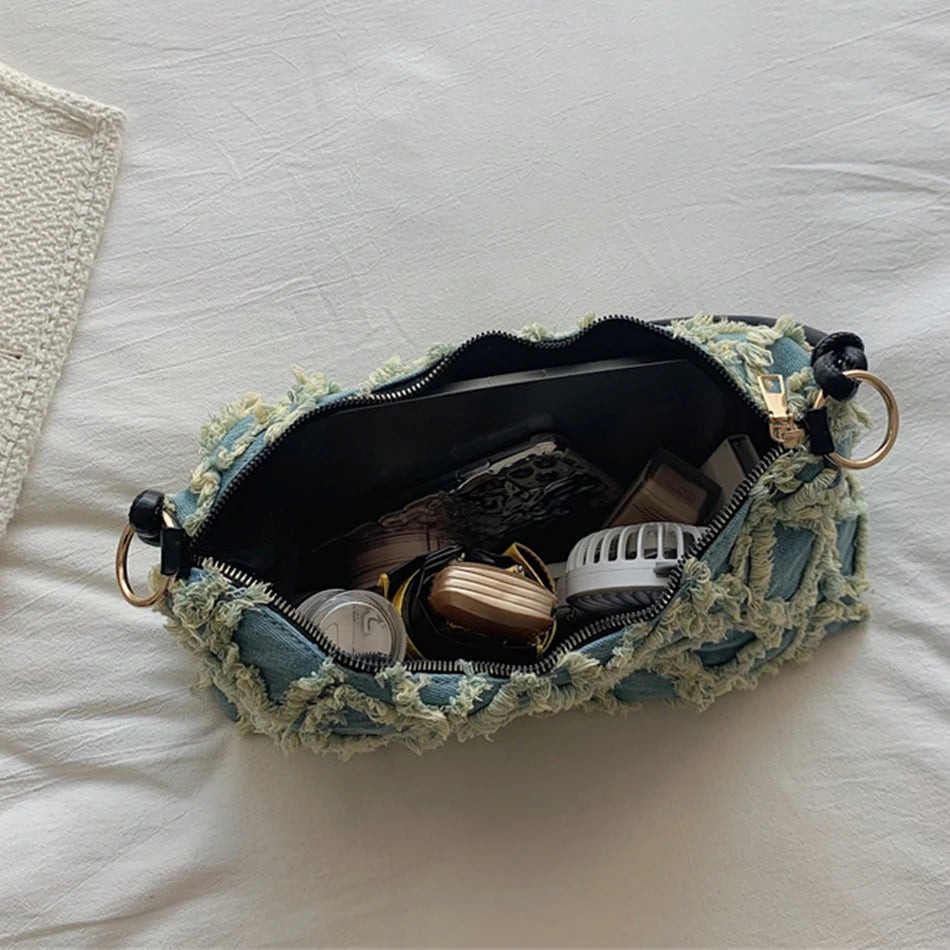 Women's Denim Shoulder Bag Plaid Lady Travel Handbag