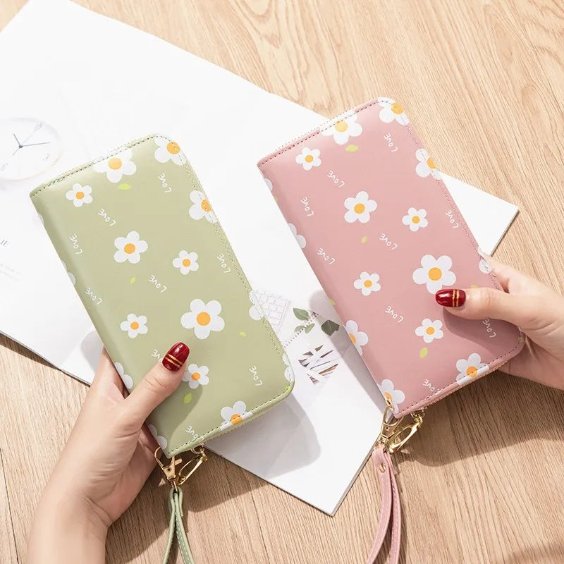 Floral Zipper Women Wallets Long Clutch Bag Soft Leather Change Mobile Bag
