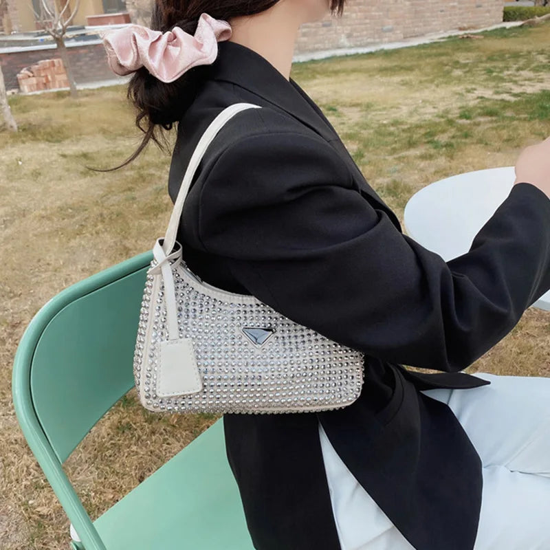 Diamond Nylon Shoulder Tote Bags For Women Small Solid Zipper Handbag