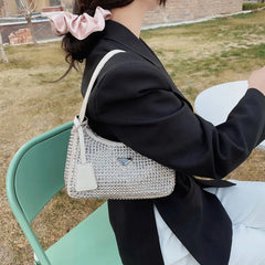 Diamond Nylon Shoulder Tote Bags For Women Small Solid Zipper Handbag