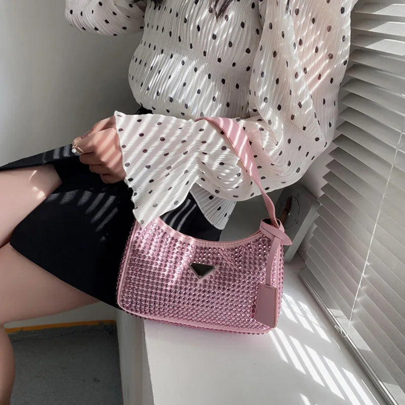 Diamond Nylon Shoulder Tote Bags For Women Small Solid Zipper Handbag