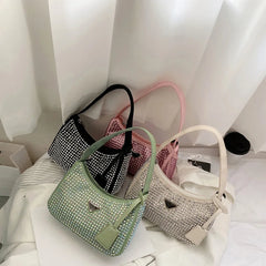 Diamond Nylon Shoulder Tote Bags For Women Small Solid Zipper Handbag