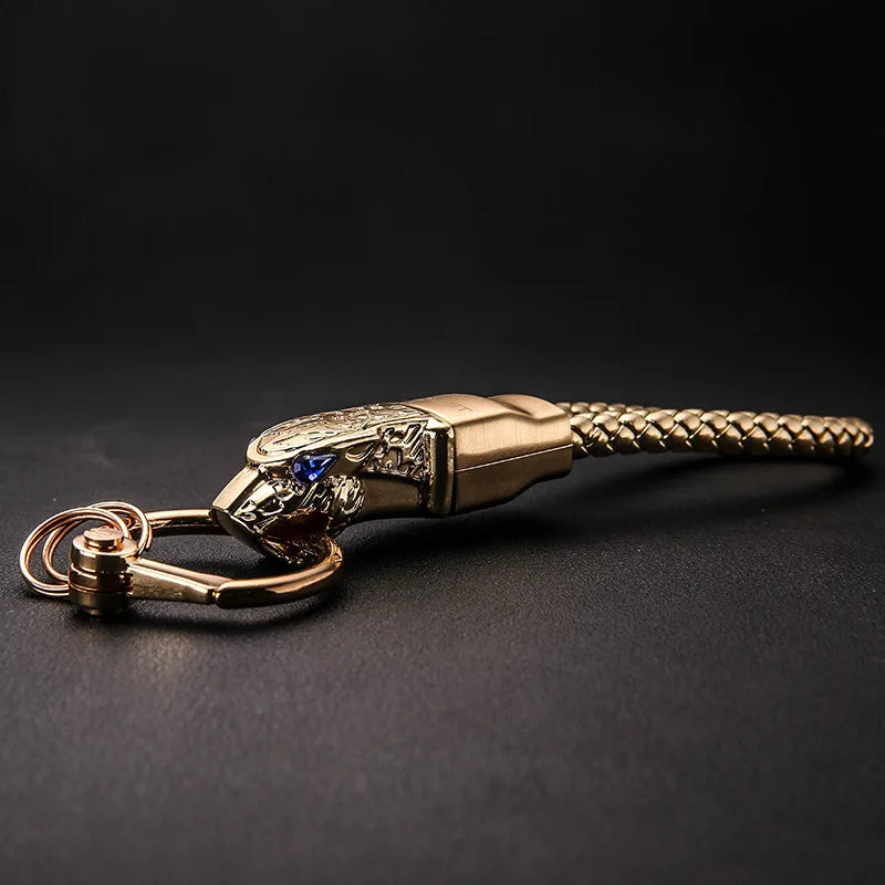 Leopard Head Metal Keychain with Diamond, Leather Hand Strap, Car Keyring