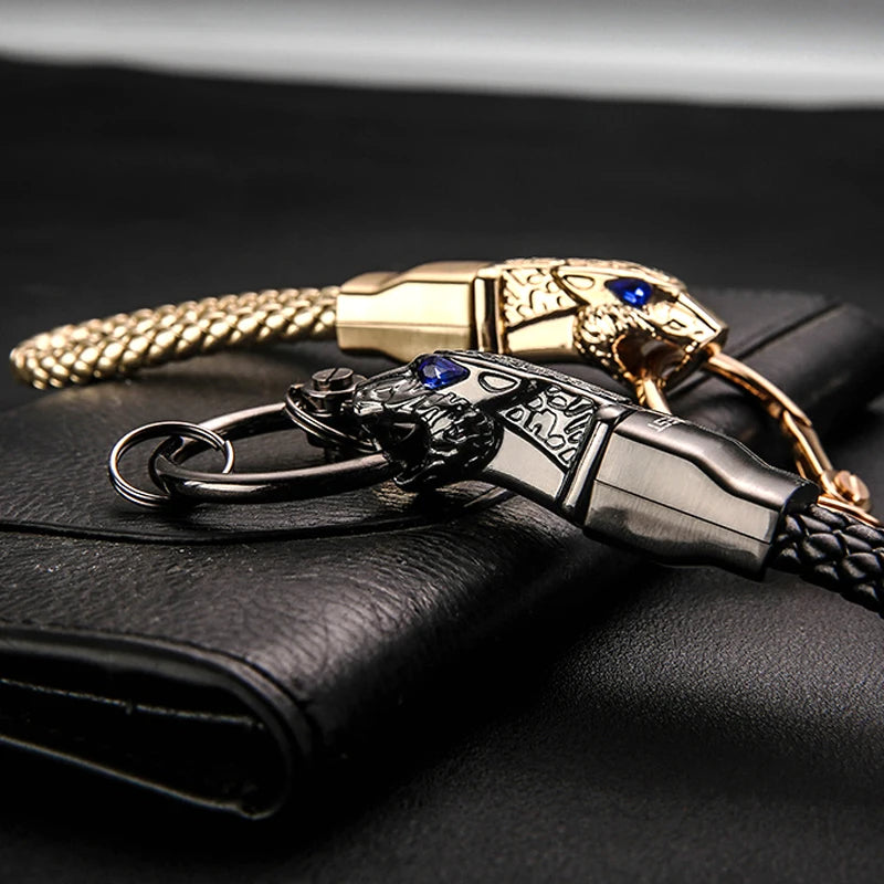Leopard Head Metal Keychain with Diamond, Leather Hand Strap, Car Keyring