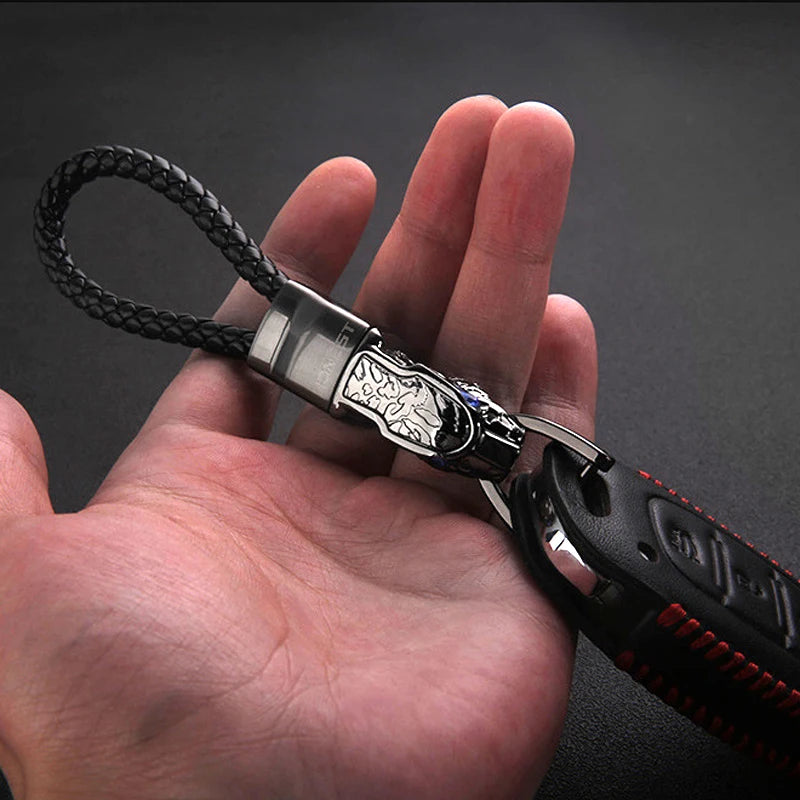 Leopard Head Metal Keychain with Diamond, Leather Hand Strap, Car Keyring