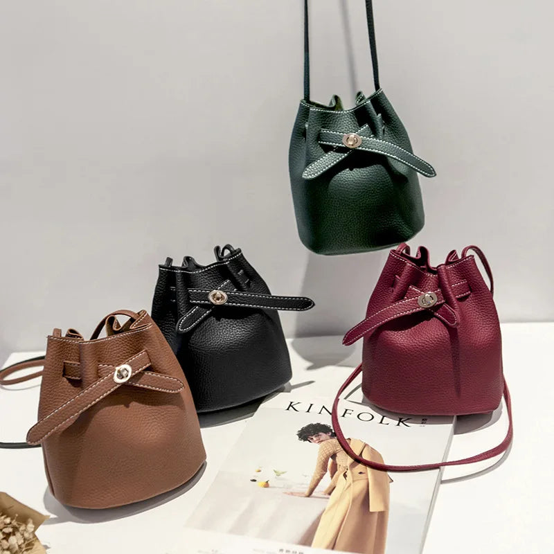 Vintage Women Bucket Bag Lychee Pattern Messenger Bag