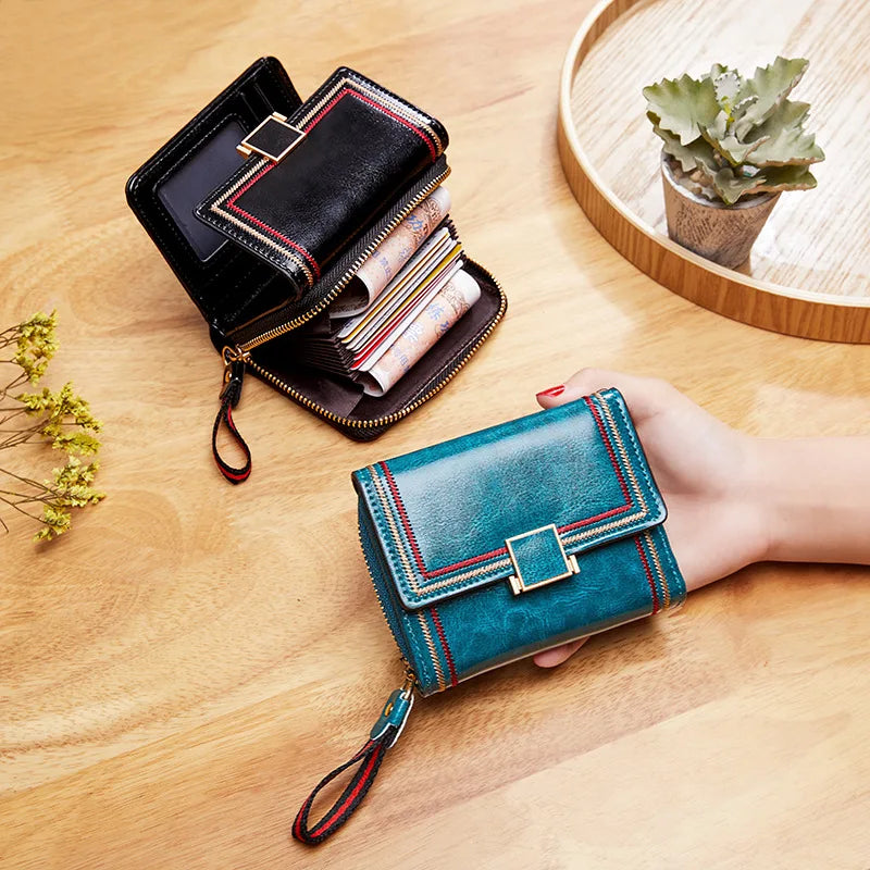 Retro Oil Wax Leather Multi-slot Card Bag Zipper Ladies Purse