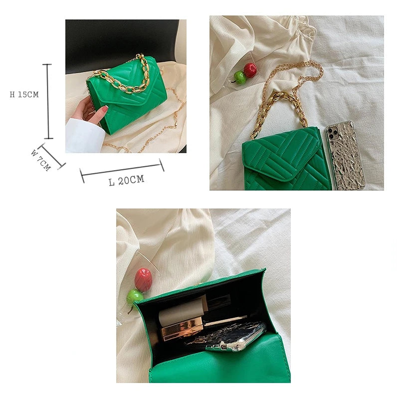 Small Flap Chain Crossbody Bag Plaid Pu Leather Handbag