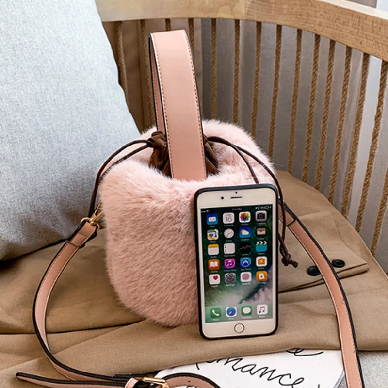 Faux Fur Bucket Bag High Women Handbag Travel Shoulder Bag
