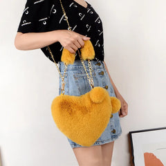 Faux Fur Heart-shaped Chain Shoulder Bag