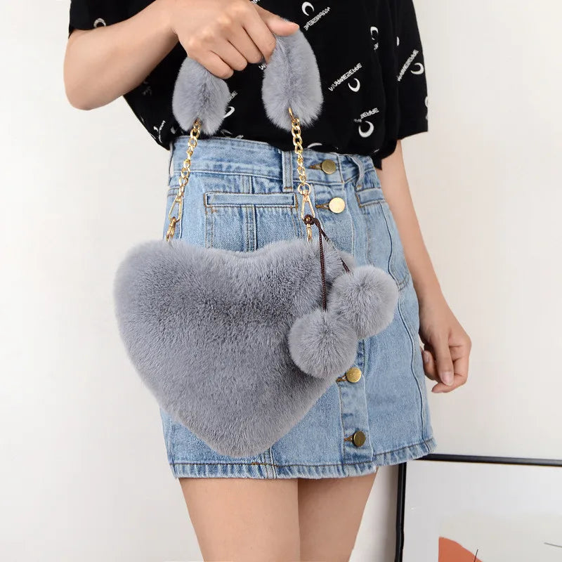 Faux Fur Heart-shaped Chain Shoulder Bag