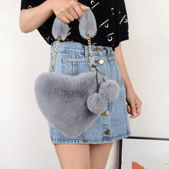 Faux Fur Heart-shaped Chain Shoulder Bag