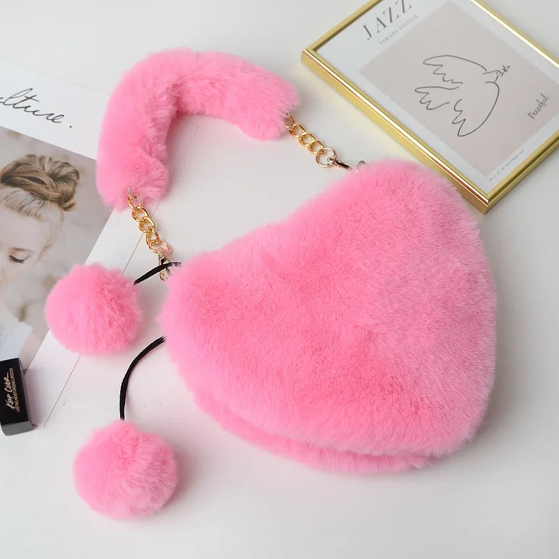 Faux Fur Heart-shaped Small Handbags Fluffy Plush Chain Shoulder Bag