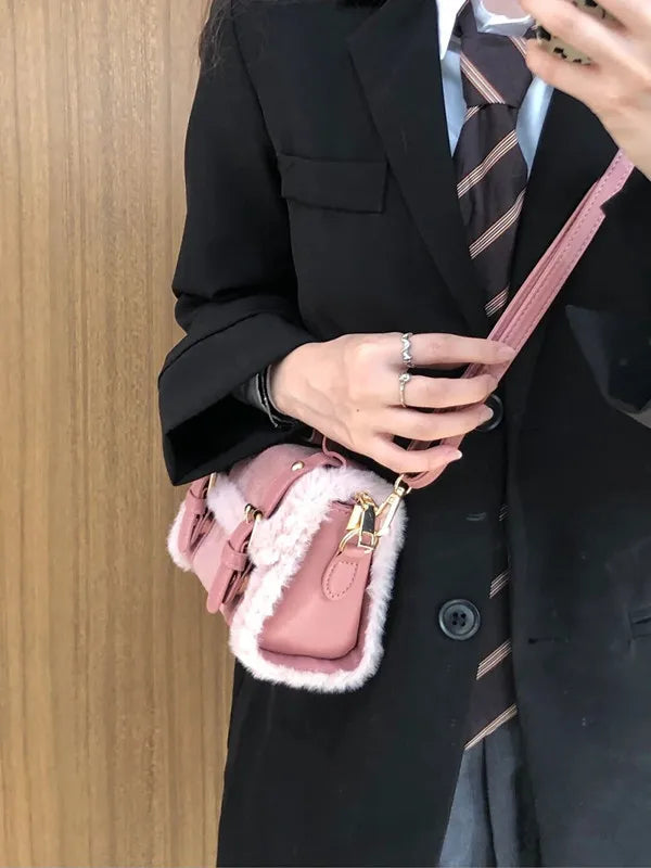 Faux Fur Crossbody Bag Vintage Square Purse Soft Handbag