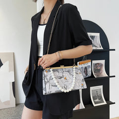 Flower Jacquard Cloth Frame Evening Bag Beaded Chain Shoulder Crossbody