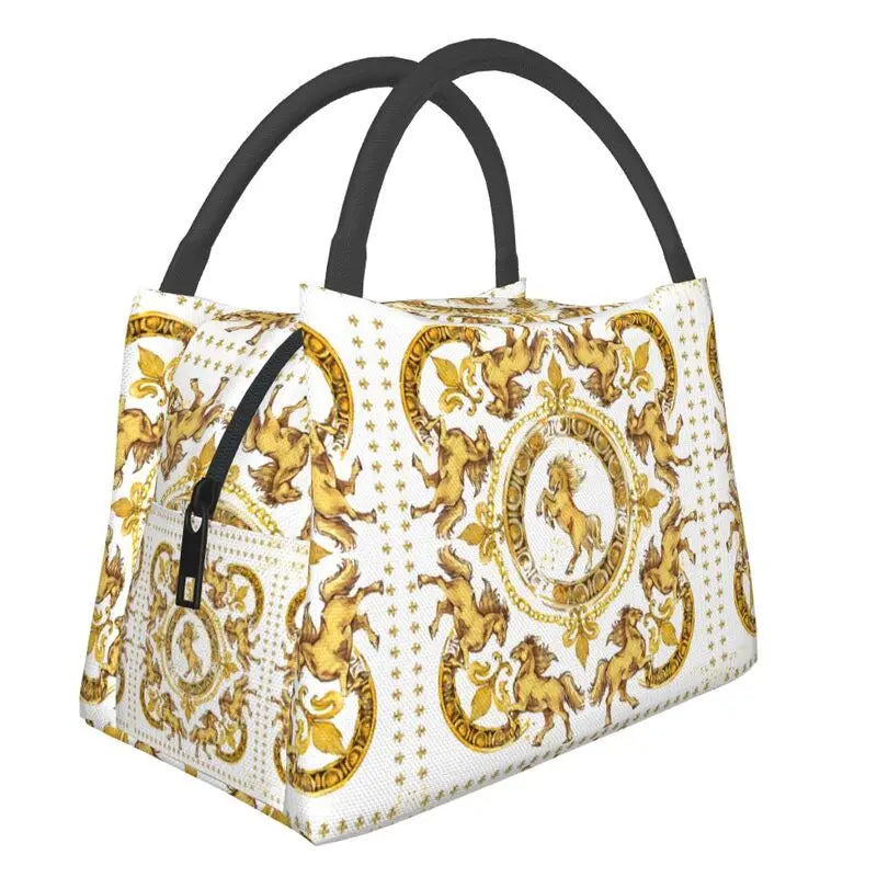 Golden Horses Floral Print Lunch Bag Thermal Insulated Box Work Picnic Tote