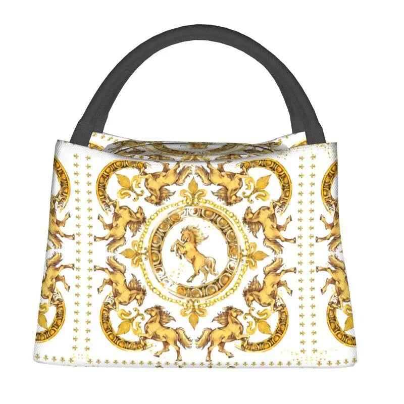 Golden Horses Floral Print Lunch Bag Thermal Insulated Box Work Picnic Tote