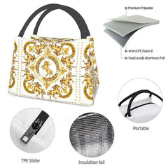 Golden Horses Floral Print Lunch Bag Thermal Insulated Box Work Picnic Tote